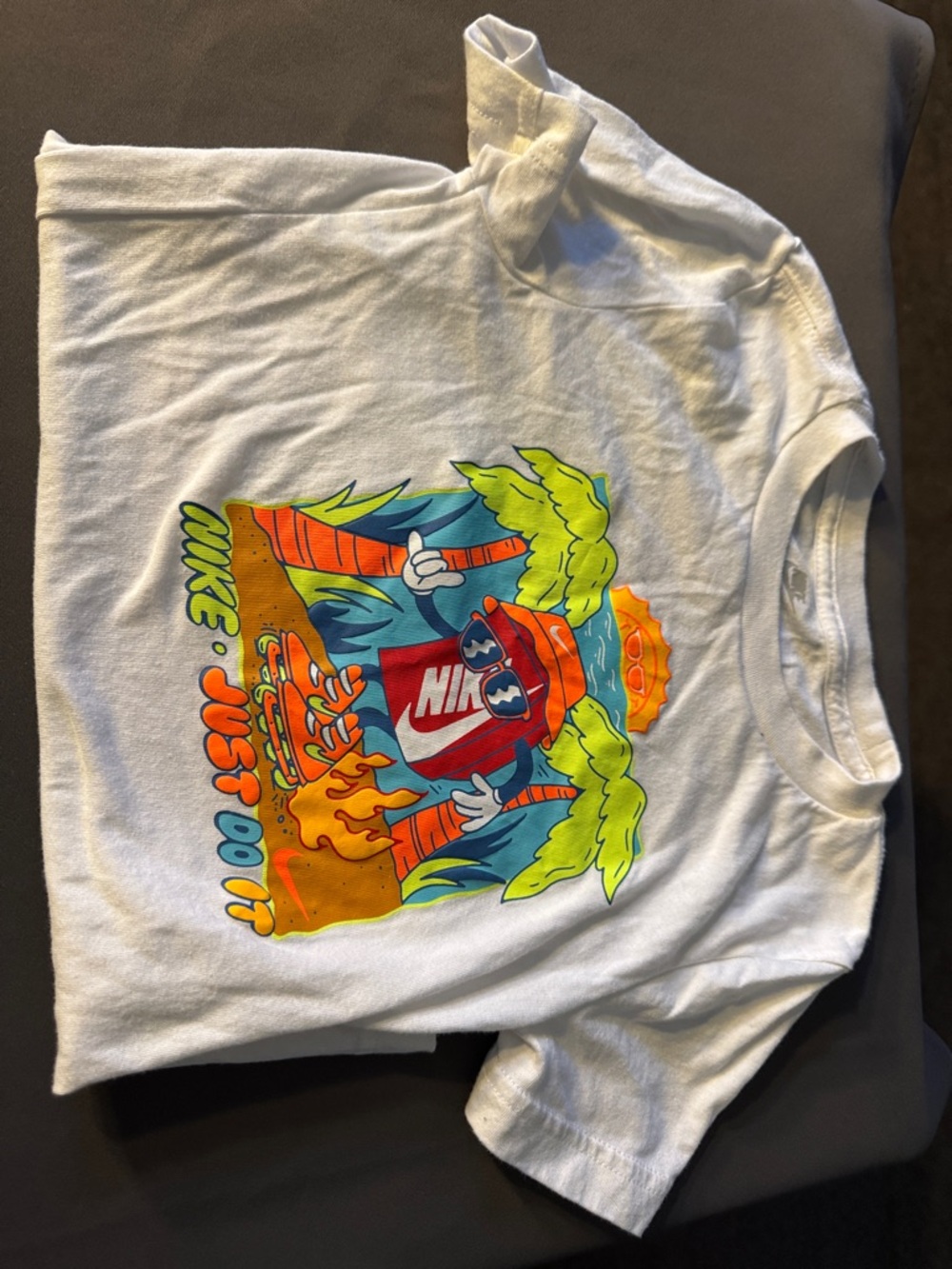 Nike White Graphic Tee with Neon Tropical Skate Design